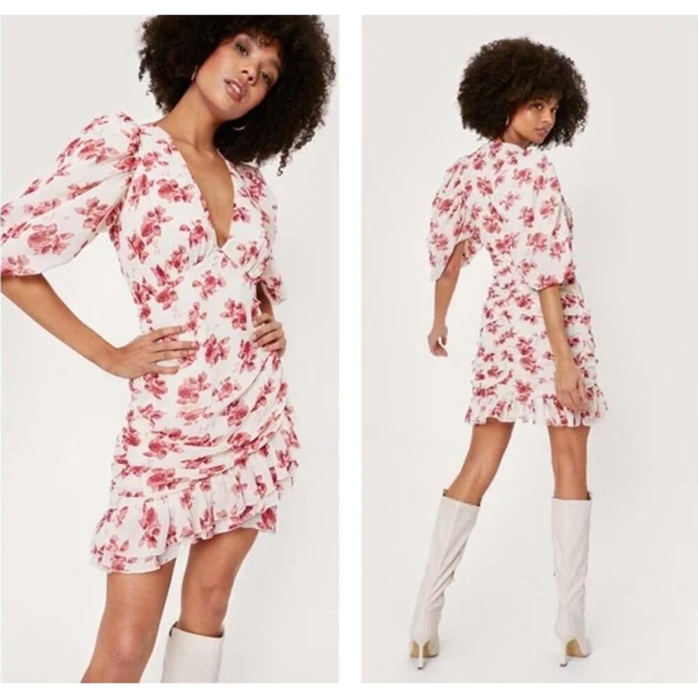 Nasty Gal Floral Puff Sleeve Wrap Mini Dress V-Neck Ruched Ruffle, Pastel Pink - Picture 4 of 11